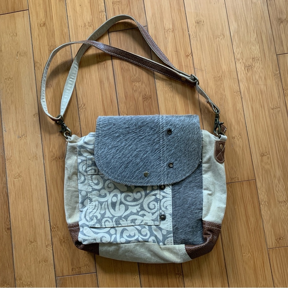 Myra Bag Factual Upcycled Canvas & Cowhide Messenger Bag